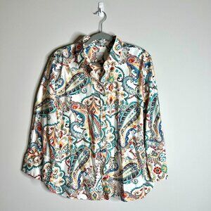 Chico's No-Iron Chic Stretch Button-Up Paisley Print Classic Fit Top Career 16